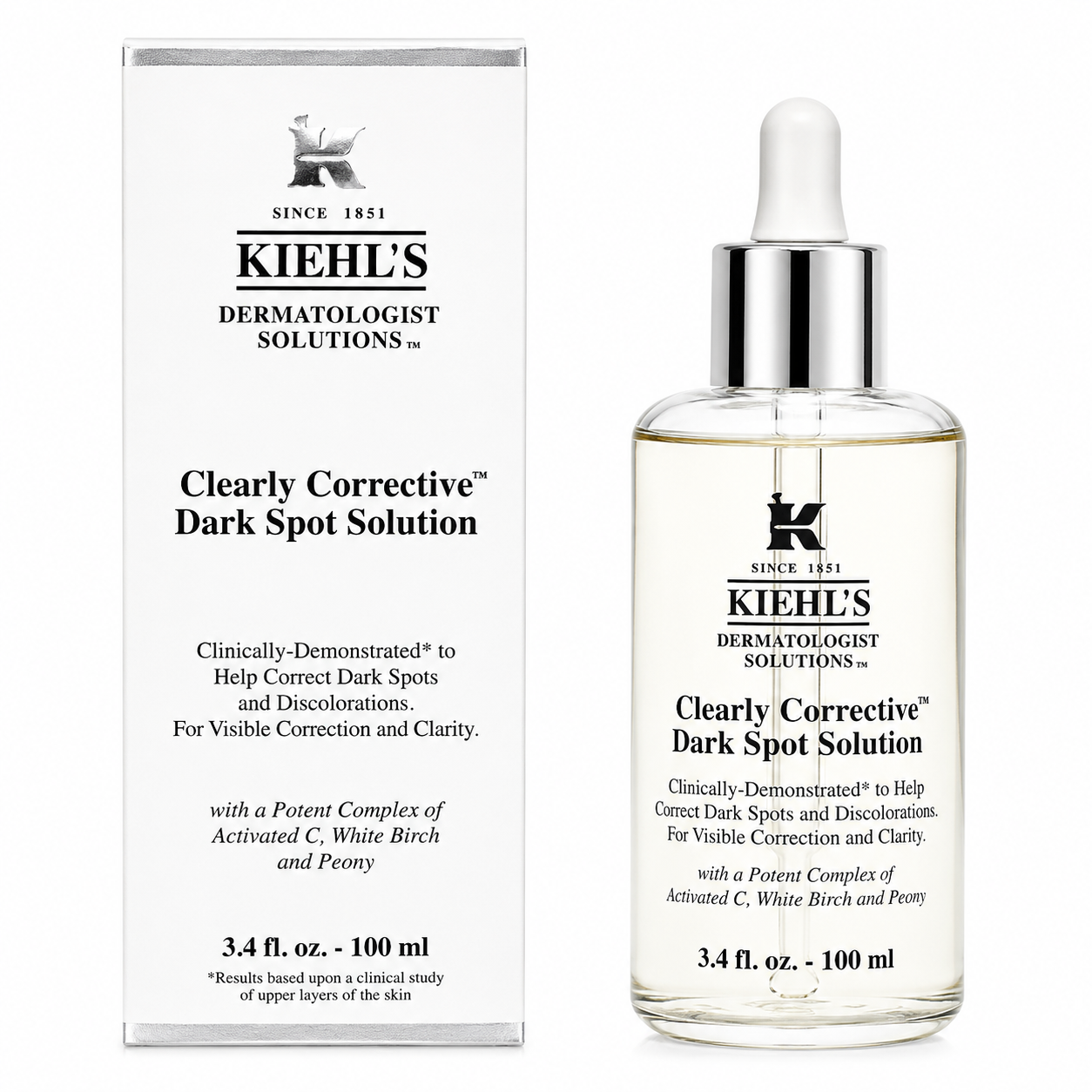 Kiehl's Clearly Corrective Dark Spot Solution bottle and packaging on a white background