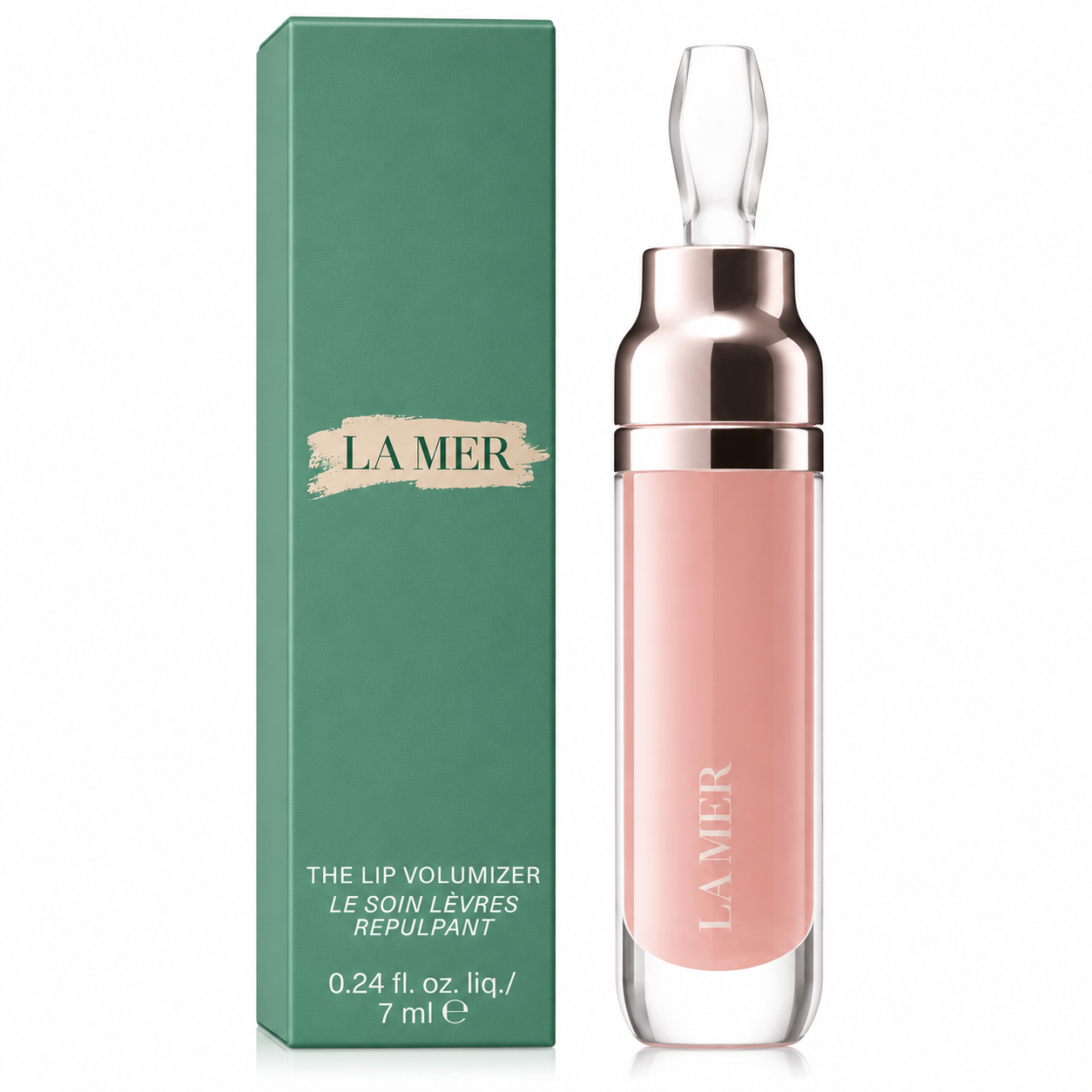 La Mer lip volumizer with green packaging on a white background