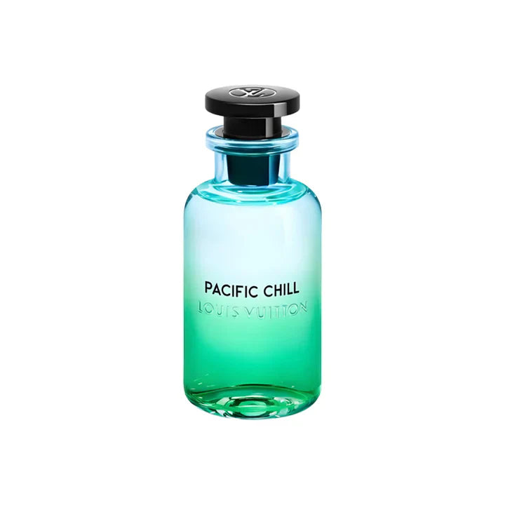 Perfume bottle labeled 'Pacific Chill' by Louis Vuitton on a white background