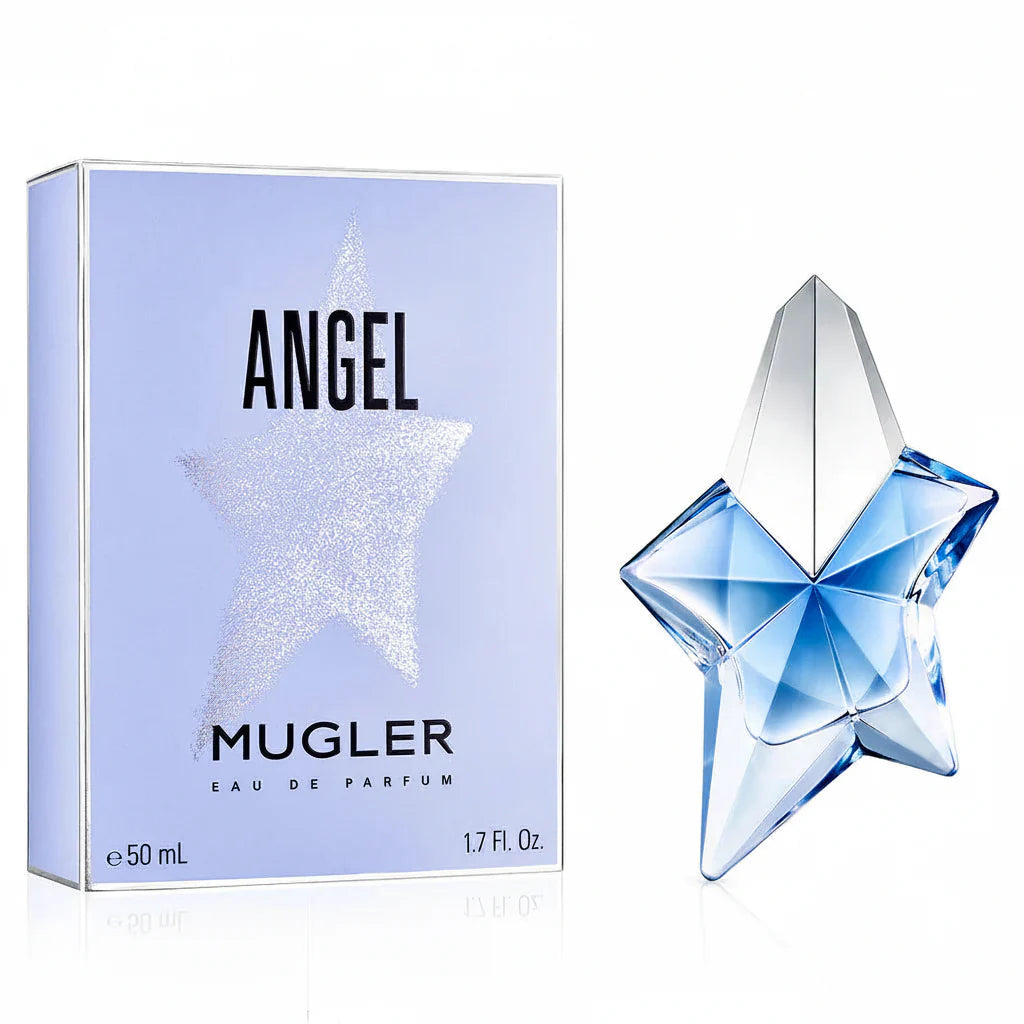 Mugler Angel perfume bottle and packaging on a white background