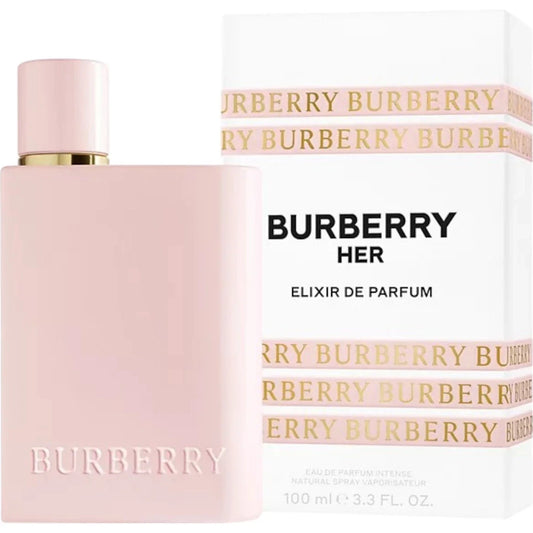 Burberry Her Elixir de Parfum bottle and packaging on a white background