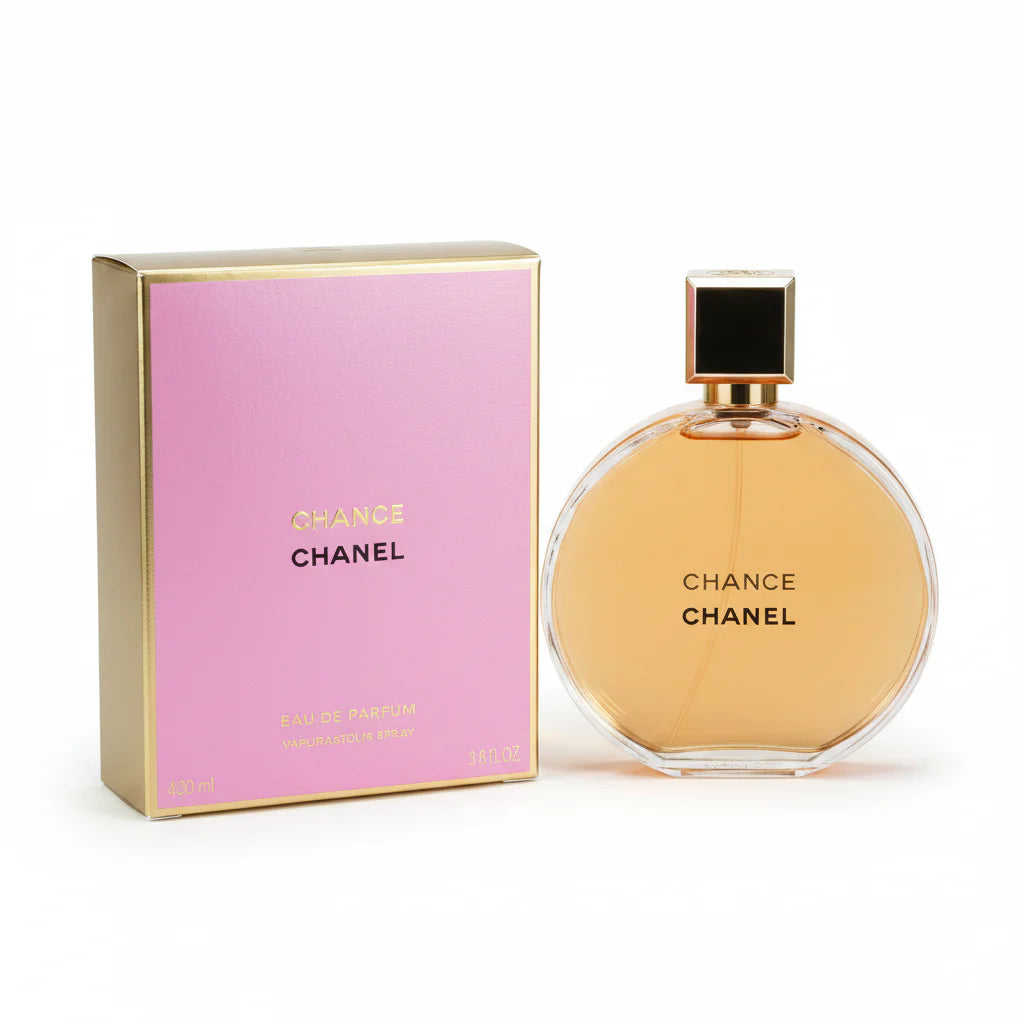 Chanel Chance perfume bottle and packaging on a white background