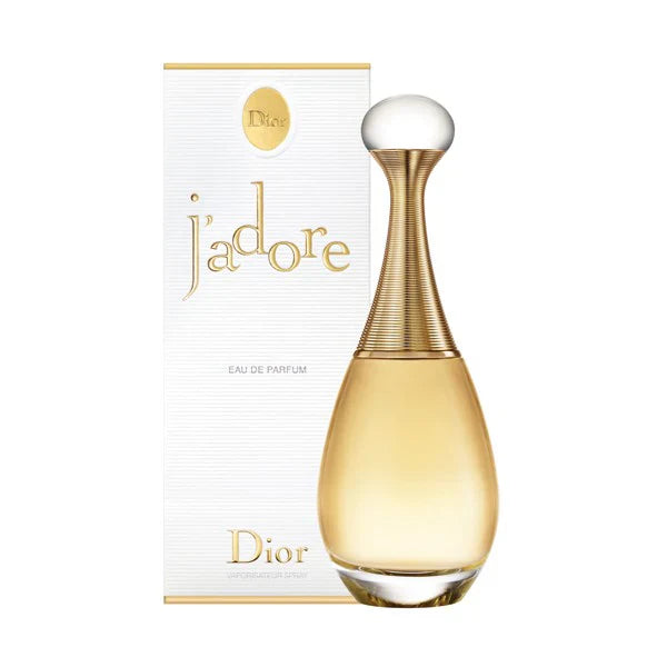 Dior j'adore perfume bottle and packaging on a white background