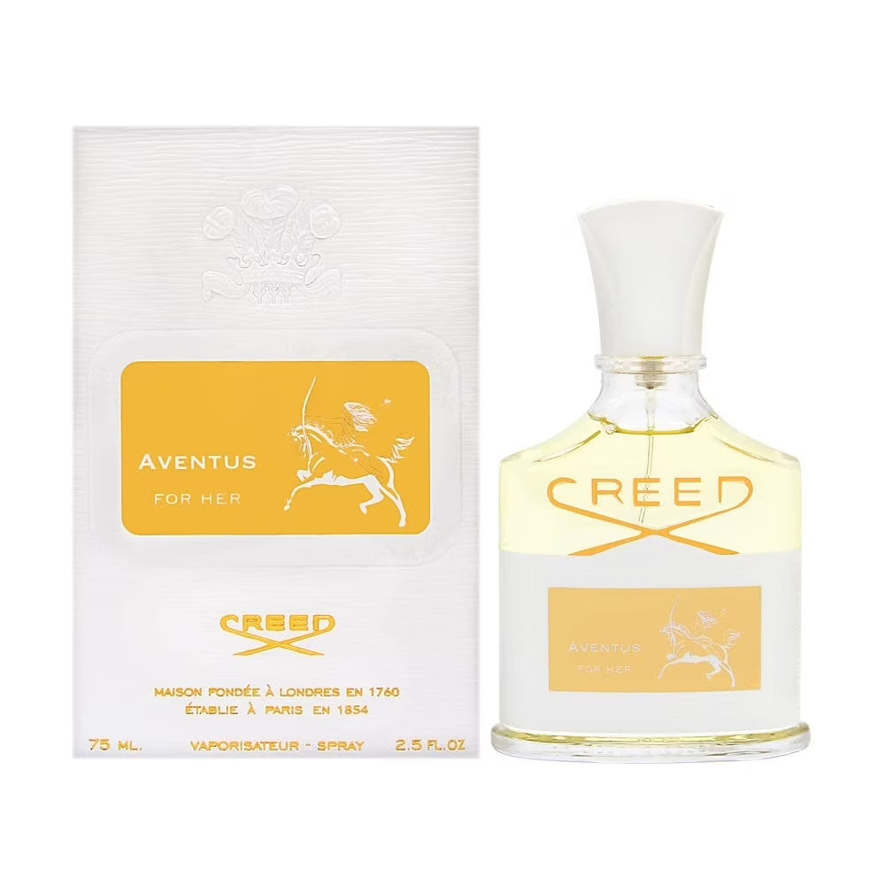 Creed Aventus for Her perfume bottle and packaging on a white background