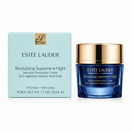 Estée Lauder Revitalizing Supreme + Night Intensive Restorative Creme with packaging on a white background