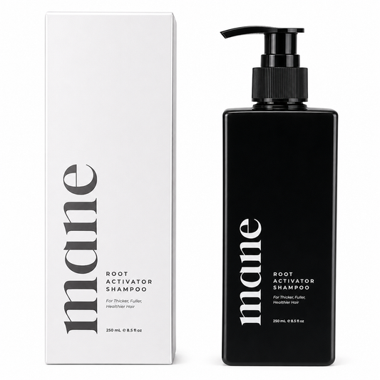 Black shampoo bottle and white box labeled 'mane' on a white background