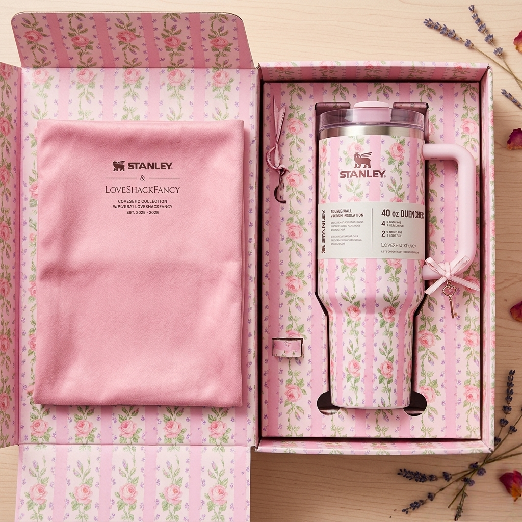 Stanley x LoveShackFancy 40oz Ribbon Rosa Flowstate H2.0 Tumbler White & Pink