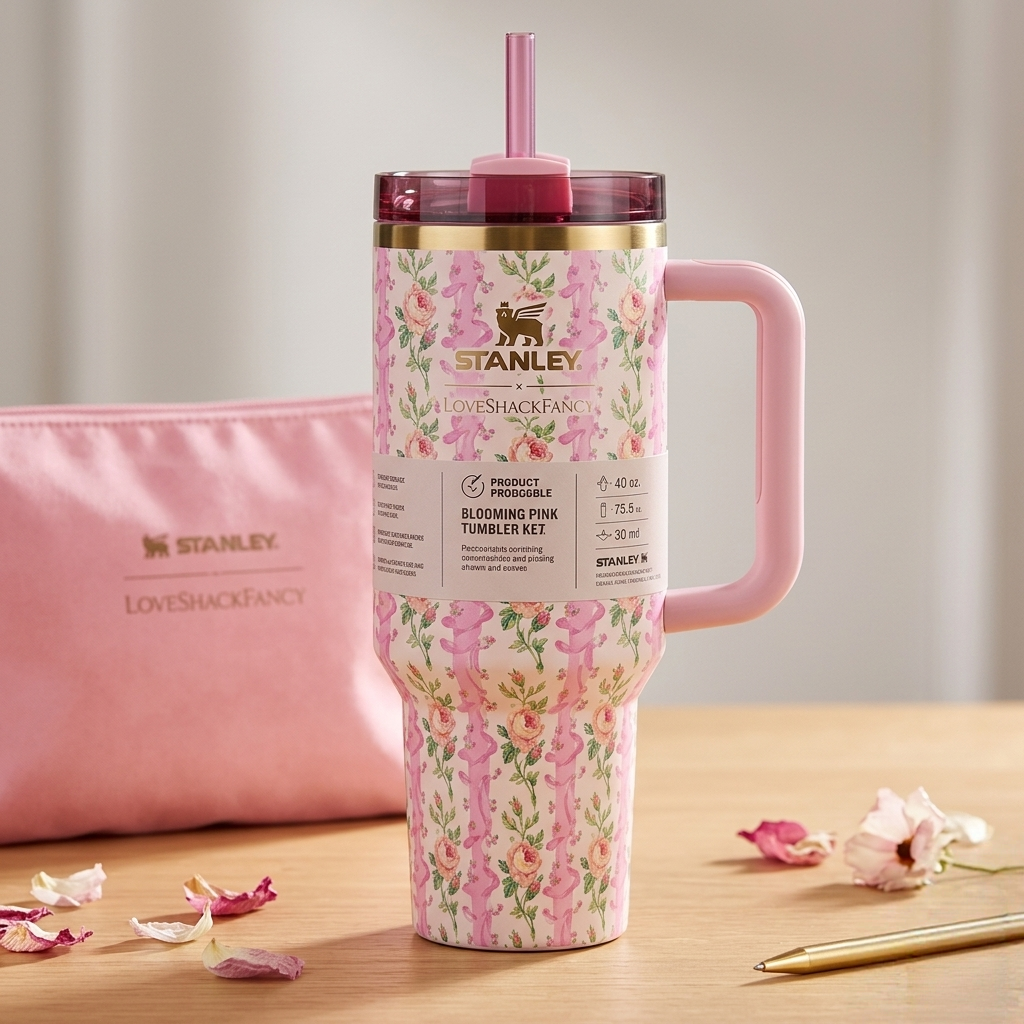 Stanley x LoveShackFancy 40oz Ribbon Rosa Flowstate H2.0 Tumbler White & Pink