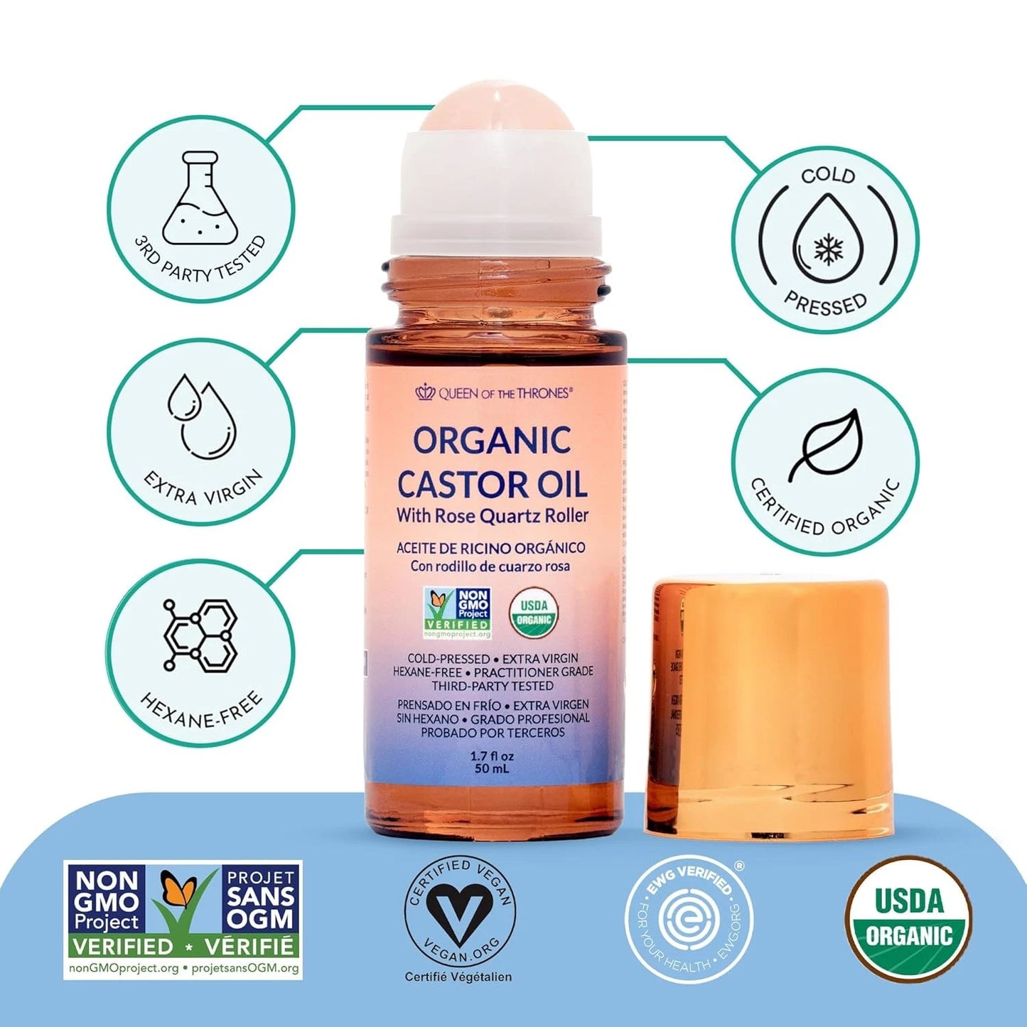 Queen of the Thrones Organic Golden Castor Oil Roll-On with Rose Quartz | 100% P