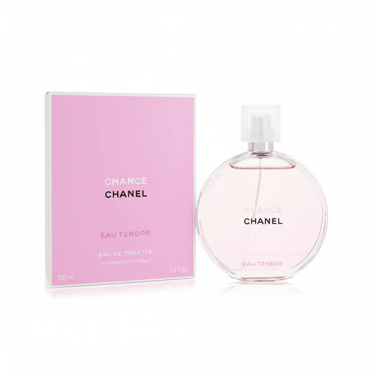 Chanel Chance Eau Tendre perfume bottle and packaging on a white background