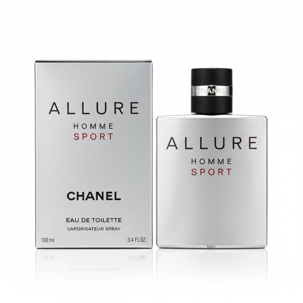Chanel Allure Homme Sport perfume bottle and packaging on a gray background