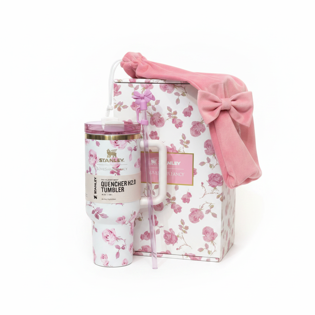 Stanley x LoveShackFancy 40oz Ribbon Rosa Flowstate H2.0 Tumbler White & Pink