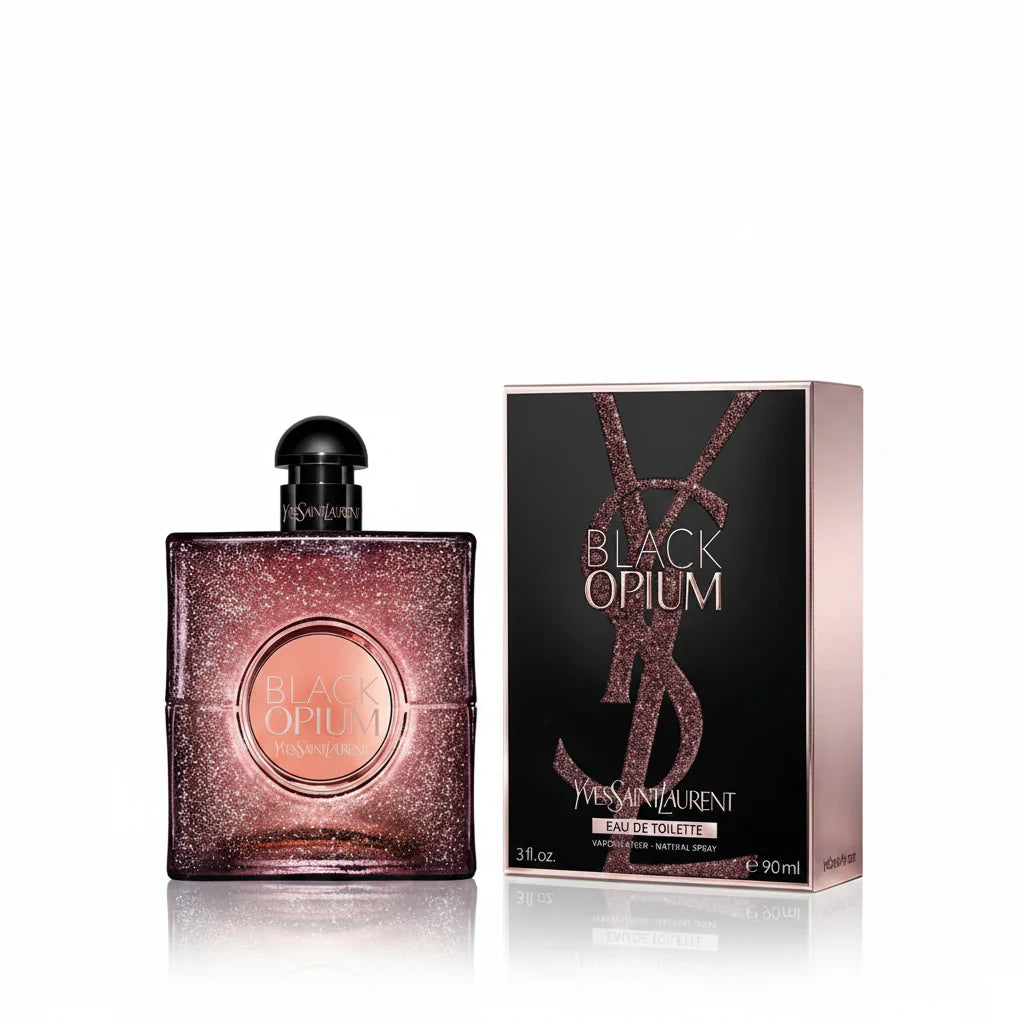 YSL Black Opium perfume bottle and packaging on a white background