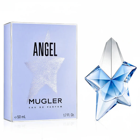 Mugler Angel perfume bottle and packaging on a white background
