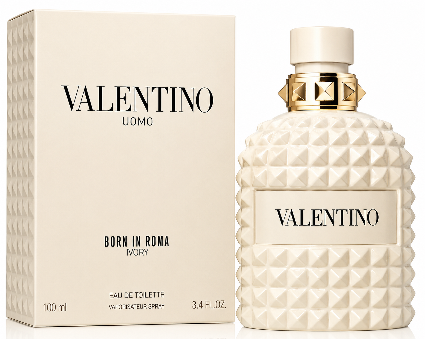 Valentino Uomo Born in Roma Ivory perfume bottle and packaging on a white background
